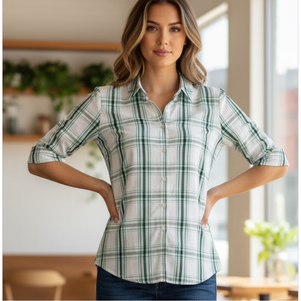 7th Avenue Green White Plaid Short Sleeve Button Down Shirt